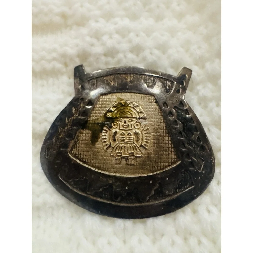 Vintage Peru 925 Sterling Silver 18K Gold Inca Horseshoe Brooch Pendant Pin